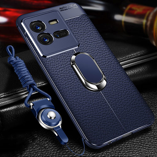 Soft Silicone Gel Leather Snap On Case Cover with Magnetic Finger Ring Stand for Vivo X80 Lite 5G Blue