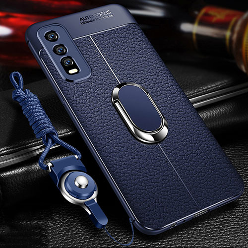 Soft Silicone Gel Leather Snap On Case Cover with Magnetic Finger Ring Stand for Vivo Y11s Blue
