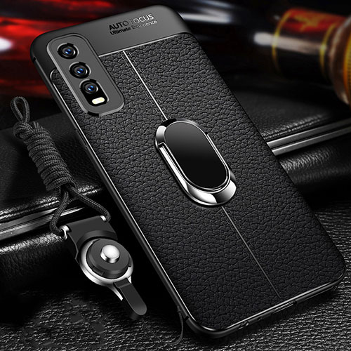 Soft Silicone Gel Leather Snap On Case Cover with Magnetic Finger Ring Stand for Vivo Y12s Black