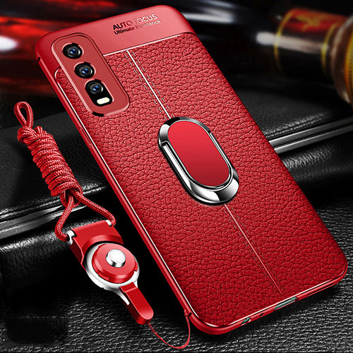 Soft Silicone Gel Leather Snap On Case Cover with Magnetic Finger Ring Stand for Vivo Y20i India Red