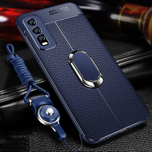 Soft Silicone Gel Leather Snap On Case Cover with Magnetic Finger Ring Stand for Vivo Y30 Blue