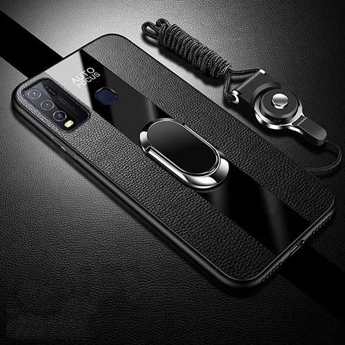 Soft Silicone Gel Leather Snap On Case Cover with Magnetic Finger Ring Stand for Vivo Y50 Black