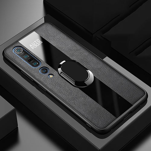 Soft Silicone Gel Leather Snap On Case Cover with Magnetic Finger Ring Stand for Xiaomi Mi 10 Pro Black