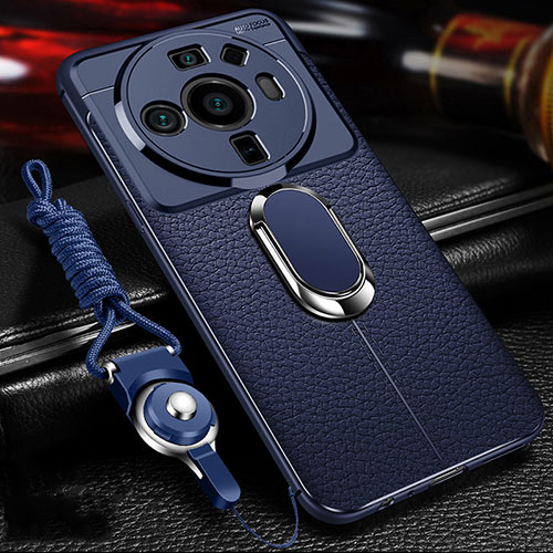 Soft Silicone Gel Leather Snap On Case Cover with Magnetic Finger Ring Stand for Xiaomi Mi 12S Ultra 5G Blue