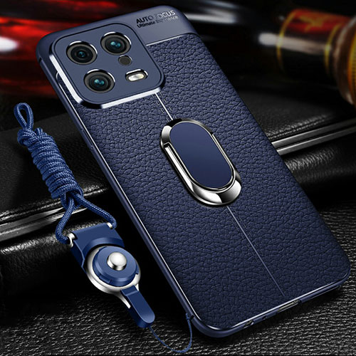 Soft Silicone Gel Leather Snap On Case Cover with Magnetic Finger Ring Stand for Xiaomi Mi 13 5G Blue