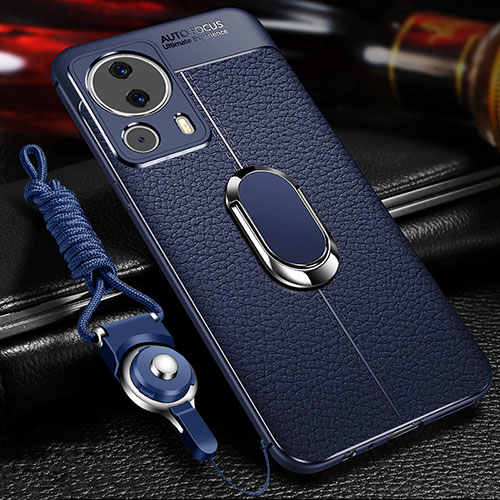 Soft Silicone Gel Leather Snap On Case Cover with Magnetic Finger Ring Stand for Xiaomi Mi 13 Lite 5G Blue