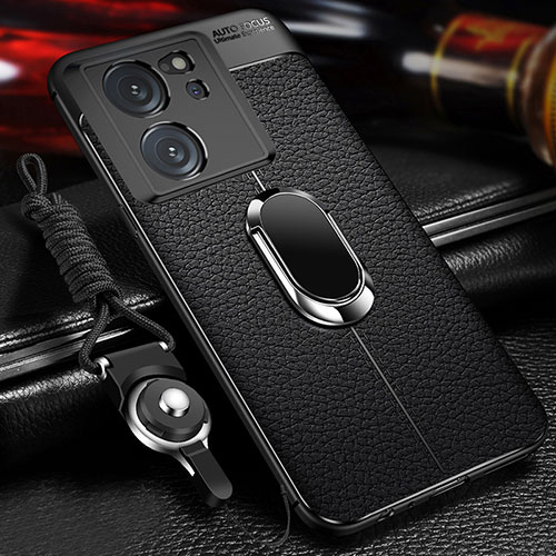 Soft Silicone Gel Leather Snap On Case Cover with Magnetic Finger Ring Stand for Xiaomi Mi 13T 5G Black