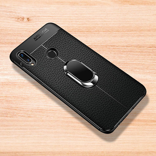 Soft Silicone Gel Leather Snap On Case Cover with Magnetic Finger Ring Stand for Xiaomi Redmi Note 7 Black