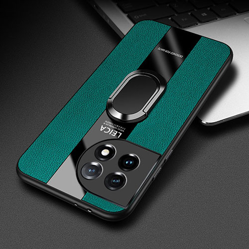 Soft Silicone Gel Leather Snap On Case Cover with Magnetic Finger Ring Stand PB1 for OnePlus 11R 5G Green