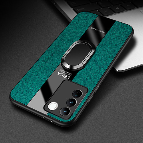 Soft Silicone Gel Leather Snap On Case Cover with Magnetic Finger Ring Stand PB2 for Vivo V27 5G Green