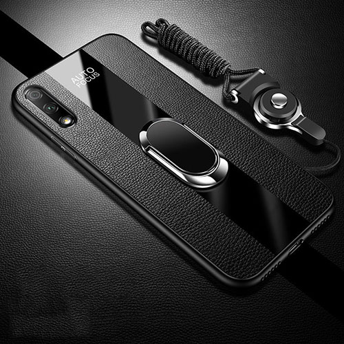 Soft Silicone Gel Leather Snap On Case Cover with Magnetic Finger Ring Stand S01 for Huawei Enjoy 10 Black