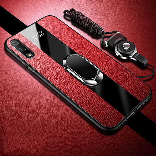 Soft Silicone Gel Leather Snap On Case Cover with Magnetic Finger Ring Stand S01 for Huawei Enjoy 10 Red