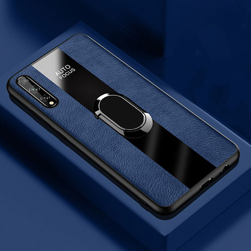 Soft Silicone Gel Leather Snap On Case Cover with Magnetic Finger Ring Stand S01 for Huawei Enjoy 10S Blue