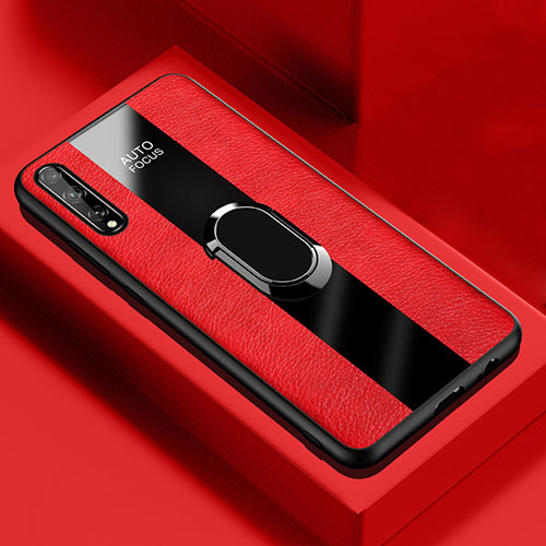 Soft Silicone Gel Leather Snap On Case Cover with Magnetic Finger Ring Stand S01 for Huawei Enjoy 10S Red