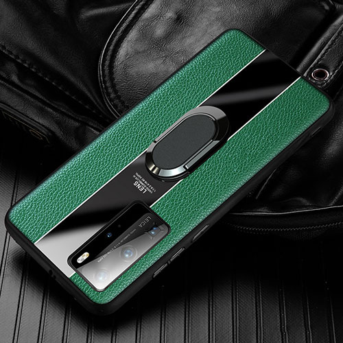 Soft Silicone Gel Leather Snap On Case Cover with Magnetic Finger Ring Stand S01 for Huawei Honor 30 Green