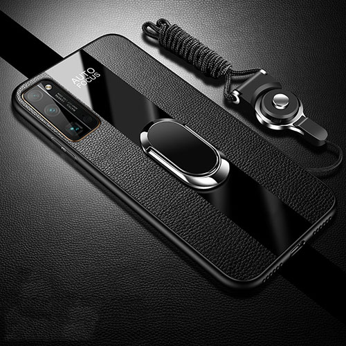 Soft Silicone Gel Leather Snap On Case Cover with Magnetic Finger Ring Stand S01 for Huawei Honor 30 Pro Black