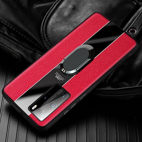 Soft Silicone Gel Leather Snap On Case Cover with Magnetic Finger Ring Stand S01 for Huawei Honor 30 Red