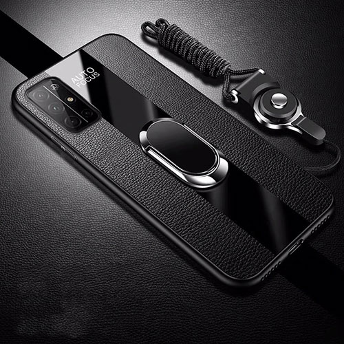 Soft Silicone Gel Leather Snap On Case Cover with Magnetic Finger Ring Stand S01 for Huawei Honor 30S Black