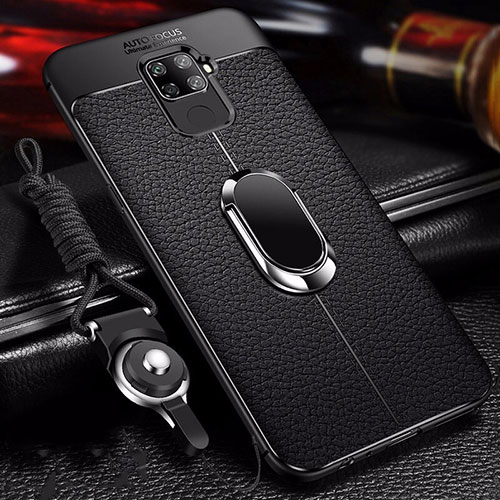 Soft Silicone Gel Leather Snap On Case Cover with Magnetic Finger Ring Stand S01 for Huawei Mate 30 Lite Black