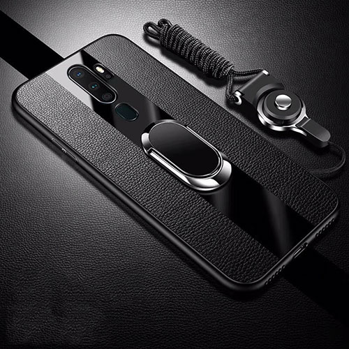 Soft Silicone Gel Leather Snap On Case Cover with Magnetic Finger Ring Stand S01 for Oppo A11X Black