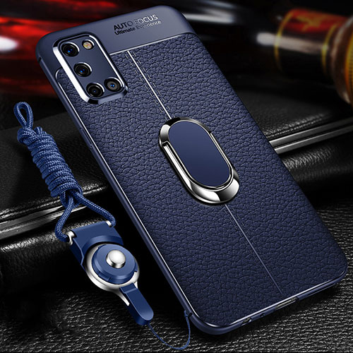 Soft Silicone Gel Leather Snap On Case Cover with Magnetic Finger Ring Stand S01 for Oppo A52 Blue