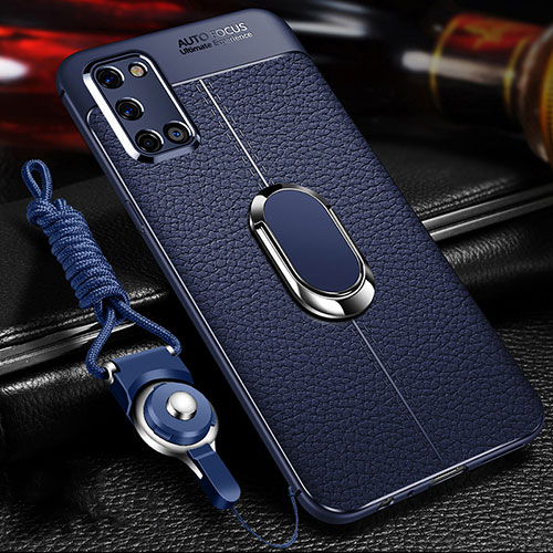 Soft Silicone Gel Leather Snap On Case Cover with Magnetic Finger Ring Stand S01 for Oppo A72 Blue