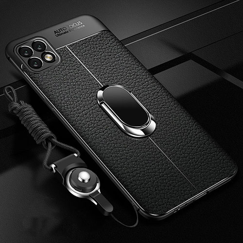 Soft Silicone Gel Leather Snap On Case Cover with Magnetic Finger Ring Stand S01 for Oppo A73 5G Black