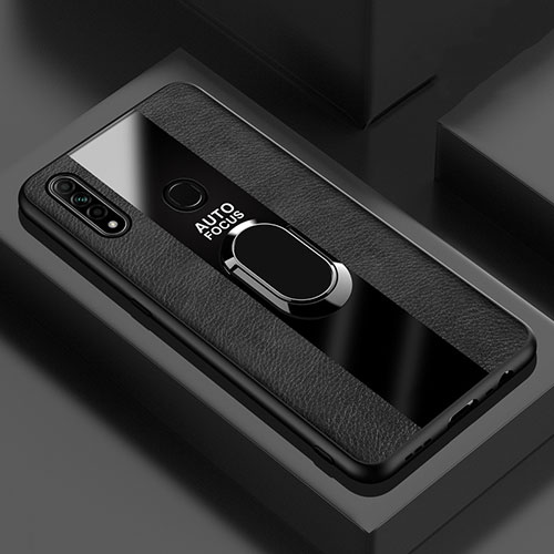 Soft Silicone Gel Leather Snap On Case Cover with Magnetic Finger Ring Stand S01 for Oppo A8 Black