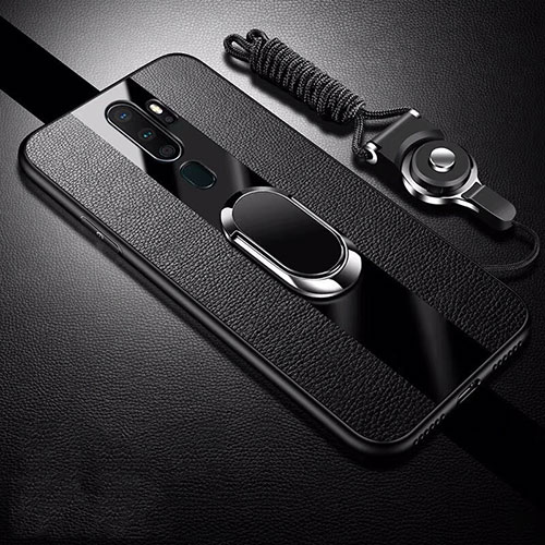 Soft Silicone Gel Leather Snap On Case Cover with Magnetic Finger Ring Stand S01 for Oppo A9 (2020) Black