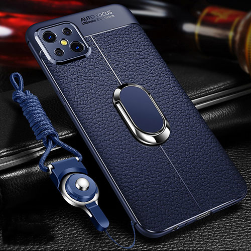 Soft Silicone Gel Leather Snap On Case Cover with Magnetic Finger Ring Stand S01 for Oppo A92s 5G Blue