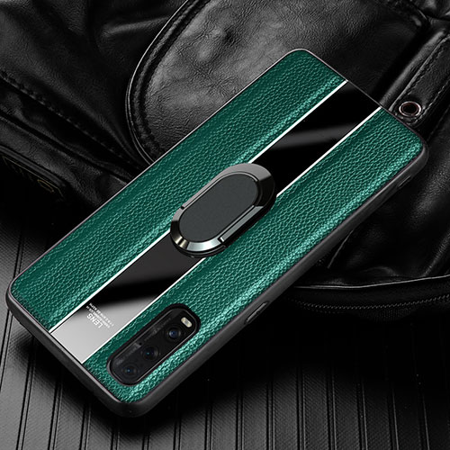 Soft Silicone Gel Leather Snap On Case Cover with Magnetic Finger Ring Stand S01 for Oppo Find X2 Green