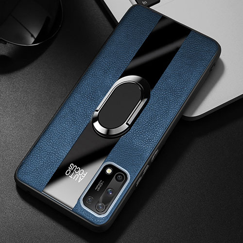 Soft Silicone Gel Leather Snap On Case Cover with Magnetic Finger Ring Stand S01 for Oppo K7x 5G Blue