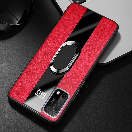 Soft Silicone Gel Leather Snap On Case Cover with Magnetic Finger Ring Stand S01 for Oppo K7x 5G Red