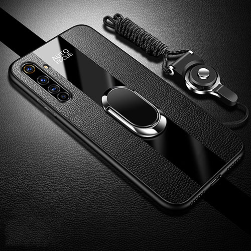 Soft Silicone Gel Leather Snap On Case Cover with Magnetic Finger Ring Stand S01 for Realme X50 Pro 5G Black