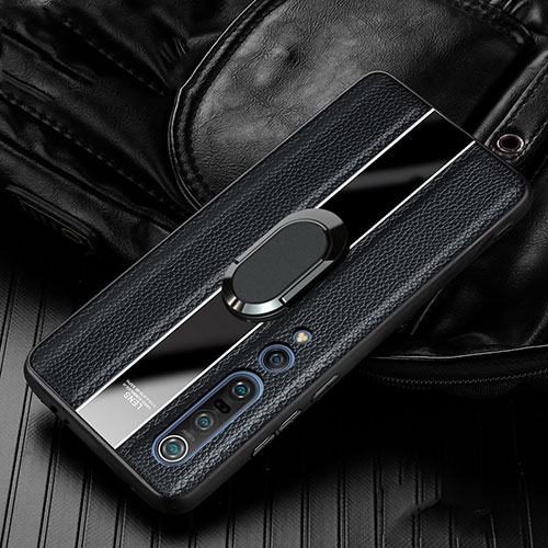 Soft Silicone Gel Leather Snap On Case Cover with Magnetic Finger Ring Stand S01 for Xiaomi Mi 10 Pro Black