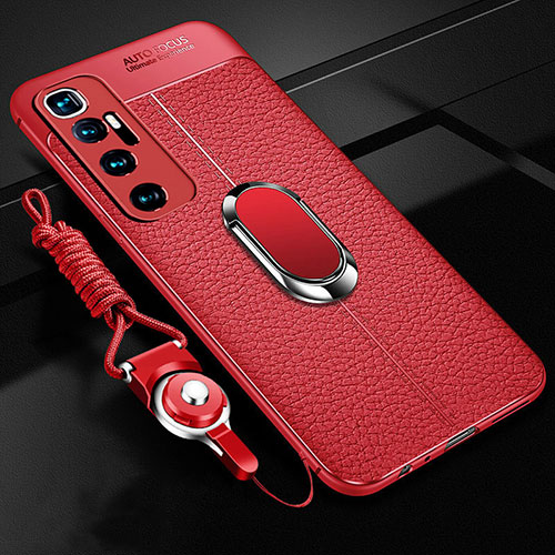 Soft Silicone Gel Leather Snap On Case Cover with Magnetic Finger Ring Stand S01 for Xiaomi Mi 10 Ultra Red