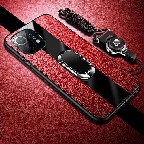 Soft Silicone Gel Leather Snap On Case Cover with Magnetic Finger Ring Stand S01 for Xiaomi Mi 11 5G Red