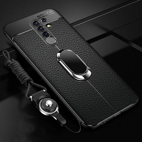 Soft Silicone Gel Leather Snap On Case Cover with Magnetic Finger Ring Stand S01 for Xiaomi Redmi 9 Prime India Black