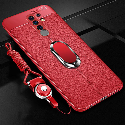Soft Silicone Gel Leather Snap On Case Cover with Magnetic Finger Ring Stand S01 for Xiaomi Redmi 9 Prime India Red