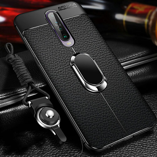 Soft Silicone Gel Leather Snap On Case Cover with Magnetic Finger Ring Stand S01 for Xiaomi Redmi K30 4G Black