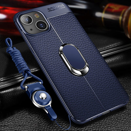Soft Silicone Gel Leather Snap On Case Cover with Magnetic Finger Ring Stand S02 for Apple iPhone 13 Blue