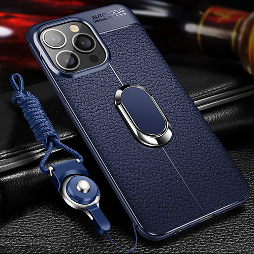 Soft Silicone Gel Leather Snap On Case Cover with Magnetic Finger Ring Stand S02 for Apple iPhone 13 Pro Max Blue