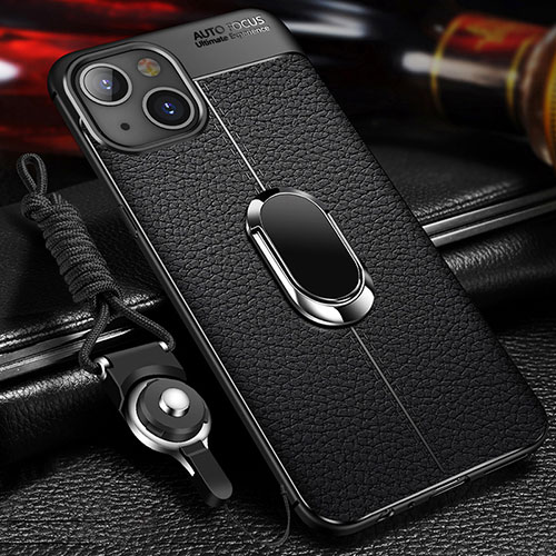 Soft Silicone Gel Leather Snap On Case Cover with Magnetic Finger Ring Stand S02 for Apple iPhone 14 Plus Black
