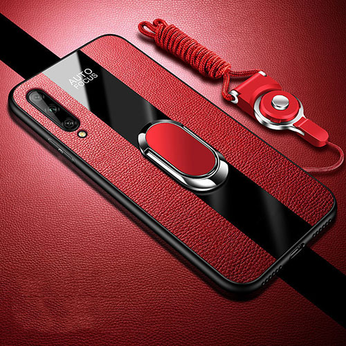 Soft Silicone Gel Leather Snap On Case Cover with Magnetic Finger Ring Stand S02 for Huawei Enjoy 10S Red