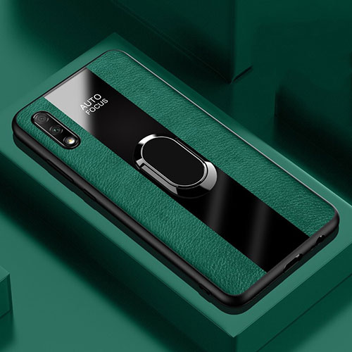 Soft Silicone Gel Leather Snap On Case Cover with Magnetic Finger Ring Stand S02 for Huawei Honor 9X Green