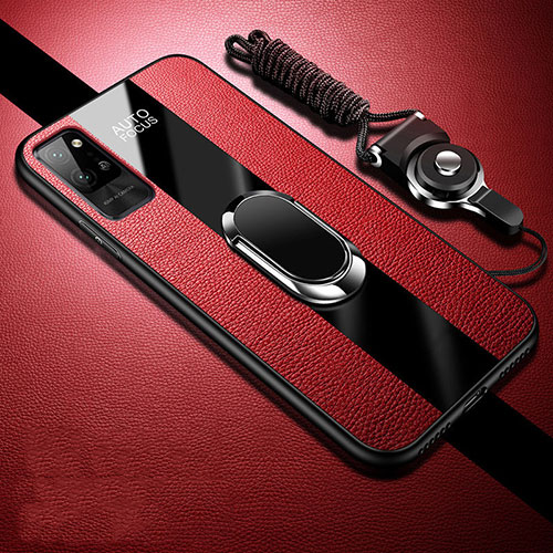 Soft Silicone Gel Leather Snap On Case Cover with Magnetic Finger Ring Stand S02 for Huawei Honor Play4 Pro 5G Red