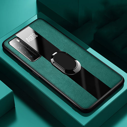 Soft Silicone Gel Leather Snap On Case Cover with Magnetic Finger Ring Stand S02 for Huawei Nova 7 5G Green