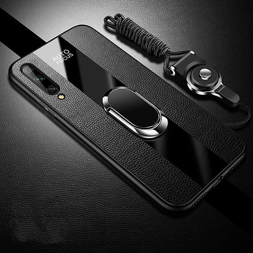 Soft Silicone Gel Leather Snap On Case Cover with Magnetic Finger Ring Stand S02 for Huawei Y8p Black