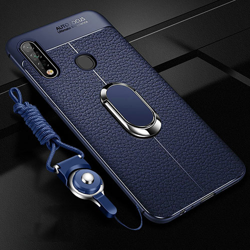 Soft Silicone Gel Leather Snap On Case Cover with Magnetic Finger Ring Stand S02 for Oppo A31 Blue