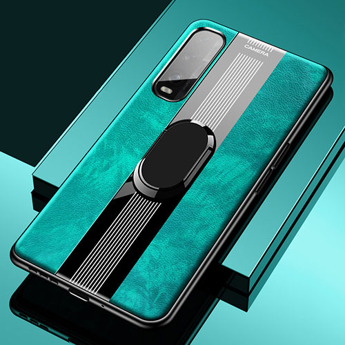 Soft Silicone Gel Leather Snap On Case Cover with Magnetic Finger Ring Stand S02 for Oppo Find X2 Green